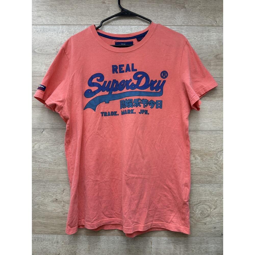 Vintage Real Super Dry T-Shirt Pink w/Blue and White lettering, Men's Size XL